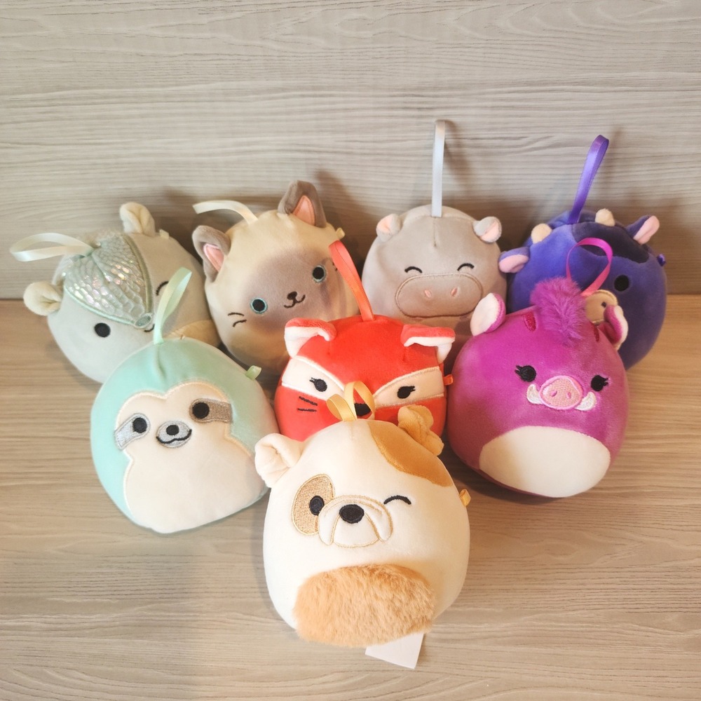 Squishmallows Plush Ornament Set of 8 Fox Sloth Cat Bulldog Kellytoy